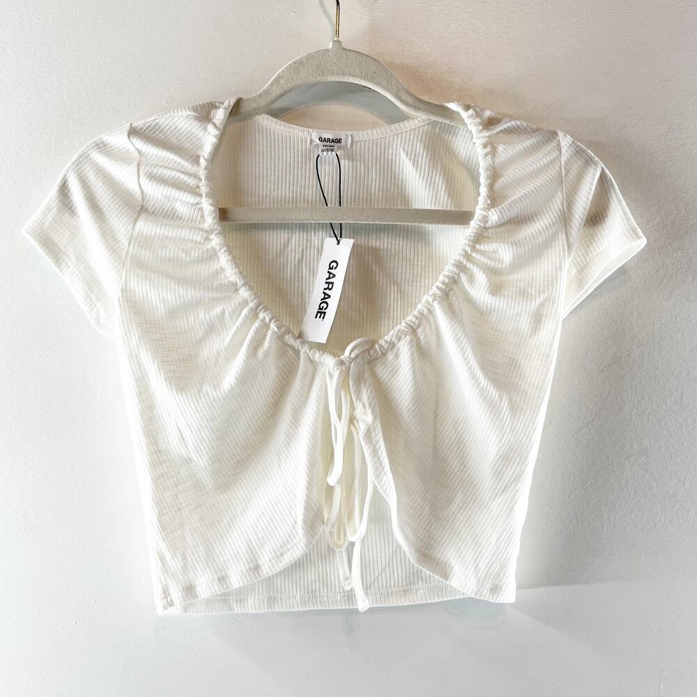 Garage Short Sleeve Tie Front Ribbed Crop Tee Shirt Top White XS